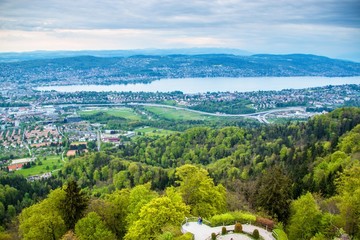 Aerial view of Zurich city and lake Zurich
