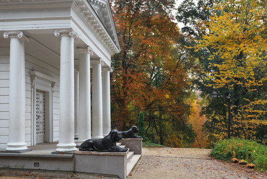 Temple of Sybil, autumn in the romantic park, Warsaw