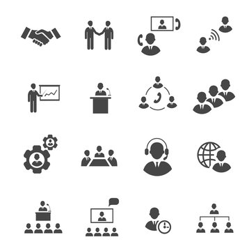 Business people online meeting strategic pictograms set of