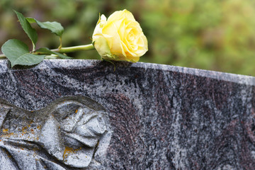 Friedhof, gelbe Rose auf Grabstein, Textraum, Copyspace