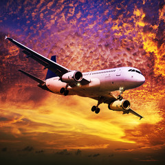 Fototapeta na wymiar Jet in a sky at sunset