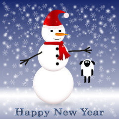 Snowman in a red scarf with a sheep