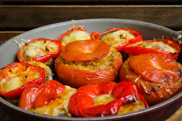 peppers and large mushrooms stuffed with rice and vegetables