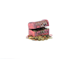wooden treasure chest with gold coins