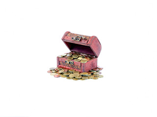 wooden treasure chest with gold coins