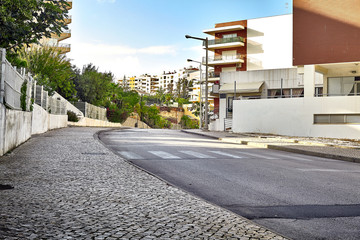 Empty street road in city with buildings