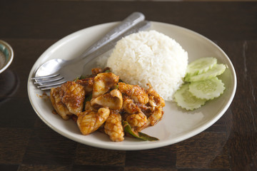 Stir fried Curry Squid with Steam rice
