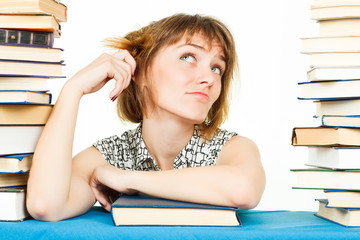 Girl with books isolated on white background. In the library