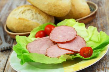 Slices of traditional smoked pork sausage