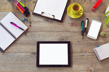 Office desk mock up template with table, smart phone, notebook