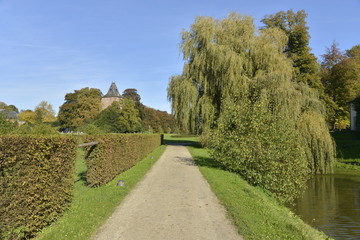 Fototapeta na wymiar Chemin entre l'étang du Moulin et la roseraie du domaine