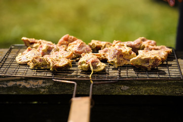Juicy slices of meat prepare on fire