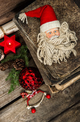 christmas decoration with antique toys on wooden background