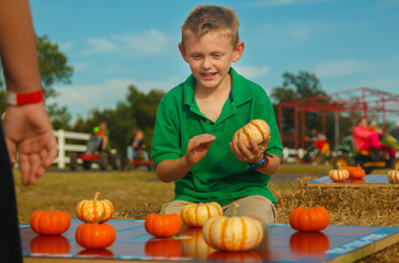 Boy concentrating on finishing pumpkin tic tac toe game outside