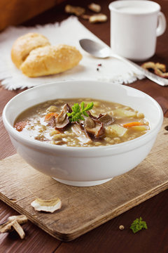 Homemade vegetarian mushroom soup with barley and vegetables