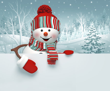 3d Snowman, Christmas Banner, Winter Background