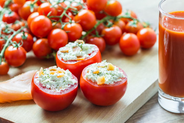 Fresh Red Tomatoes With Cheese And Tomato Juice Glass