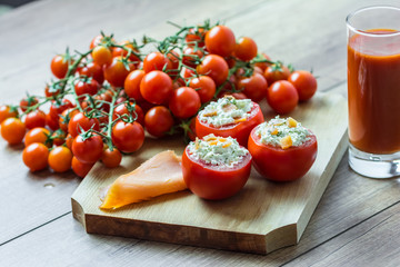 Fresh Red Tomatoes With Cheese And Tomato Juice Glass