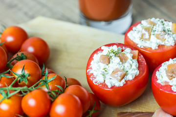 Fresh Red Tomatoes With Cheese And Tomato Juice Glass