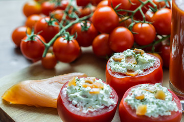 Fresh Red Tomatoes With Cheese And Tomato Juice Glass