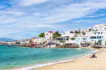 Typical whitewashed homes along the port area in Mykonos
