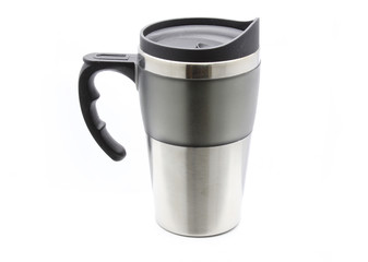 Steel thermos mug with handle for hot drinks