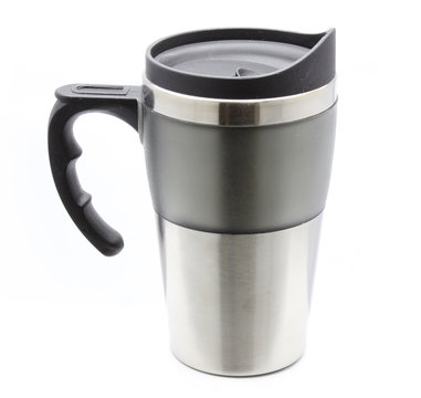 Steel thermos mug with handle for hot drinks