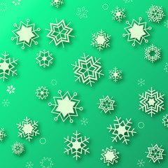 Beautiful snowflakes on green background - winter illustration