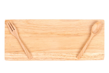 Wooden plate with spoon and fork isolated on white background