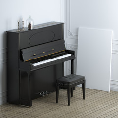 Fototapeta na wymiar Retro black piano with empty frame in classic interior