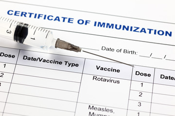 Certificate of immunization and syringe