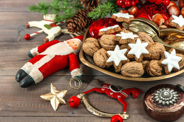 christmas cookies and vintage decorations. festive food