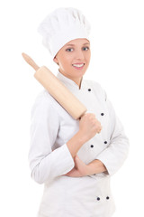 woman in chef uniform with wooden baking rolling pin isolated on