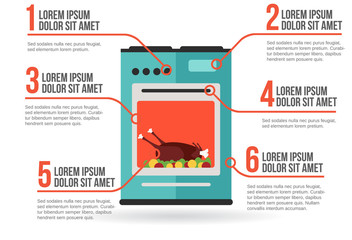 Kitchen oven with roast chicken infographic vector - obrazy, fototapety, plakaty