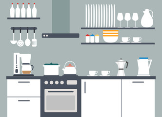 Kitchen interior, vector illustriation with icons