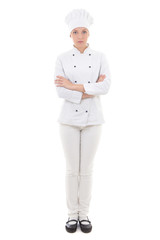 full length portrait of young woman in chef uniform isolated on