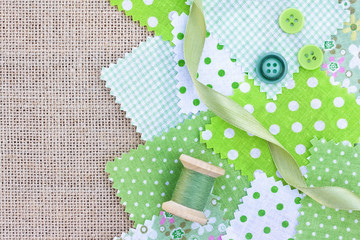 Accessories for needlework: fabric, tape, buttons, coil of threa