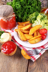 Homemade fried potato on plate on wooden background