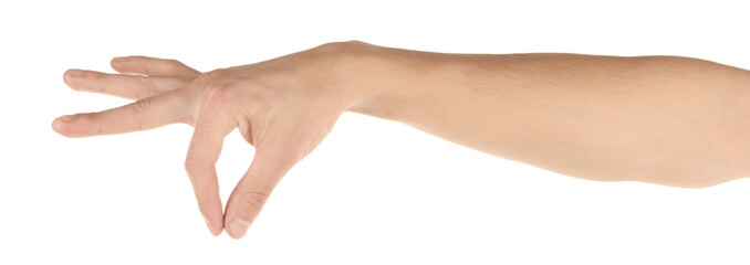 Man hand hold something isolated on white