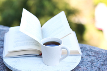 Cup with hot drink and book, on tray, outdoors