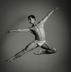 Dance male beauty concept. Portrait of young ballet man in fly g
