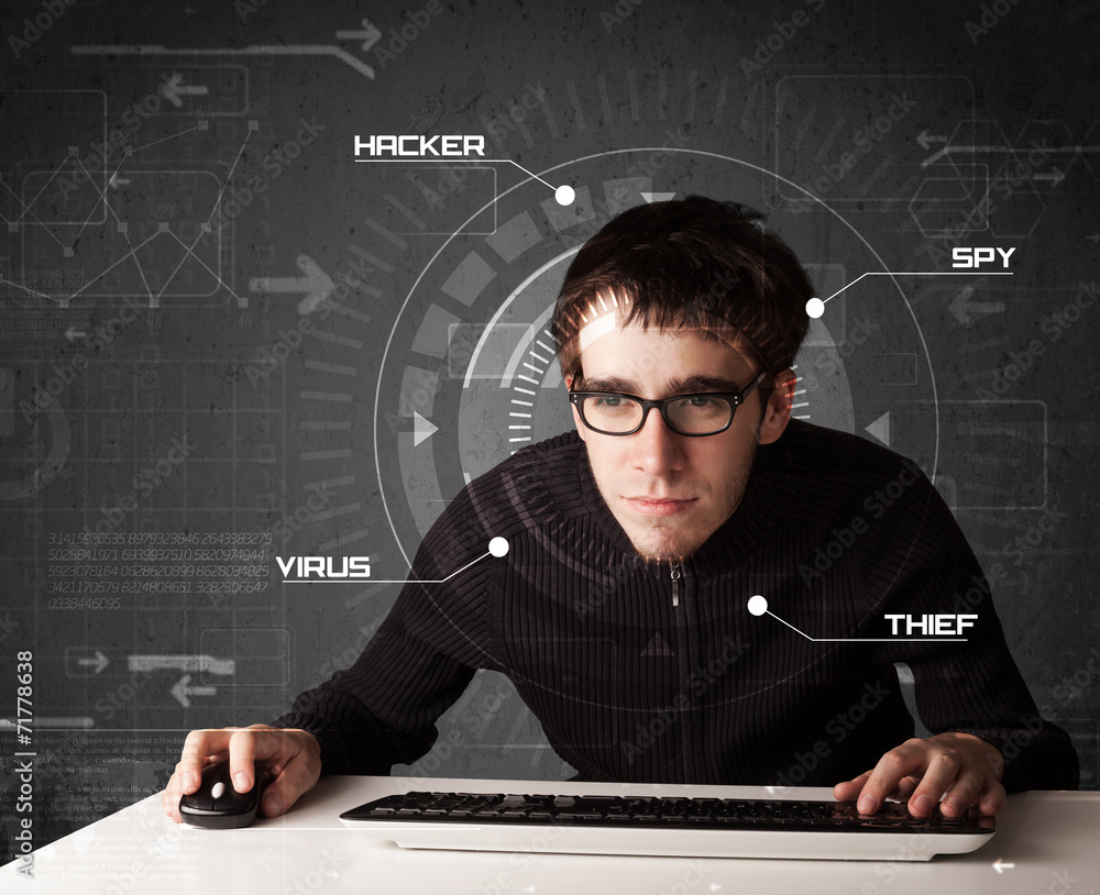 Poster young hacker in futuristic enviroment hacking personal informati
