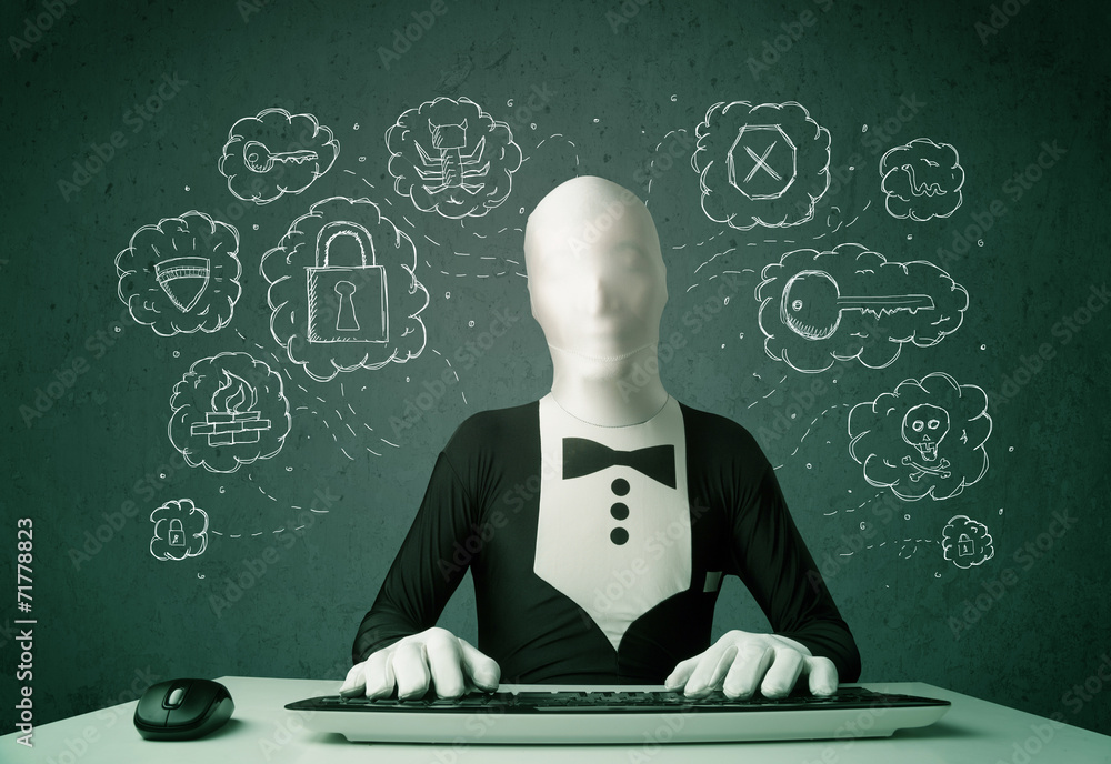 Poster hacker in mask morphsuit with virus and hacking thoughts