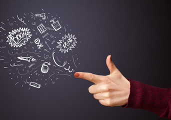 Sketched explosives coming out of gun shaped hands