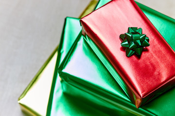 Top view showing gift boxes wrapped with bow