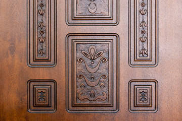 fragment beautiful carved brown wooden door