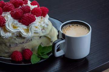 Coffee with raspberry cake