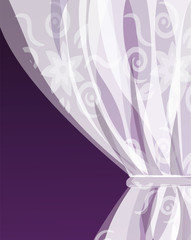 Fototapeta na wymiar white tulle curtain with a pattern on a violet dark background