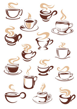 Set of vector steaming hot cups of coffee