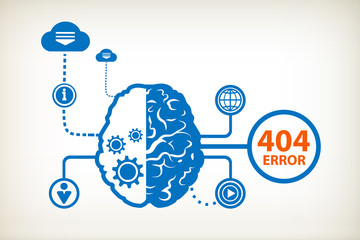 404 error. Page not found and abstract human brain